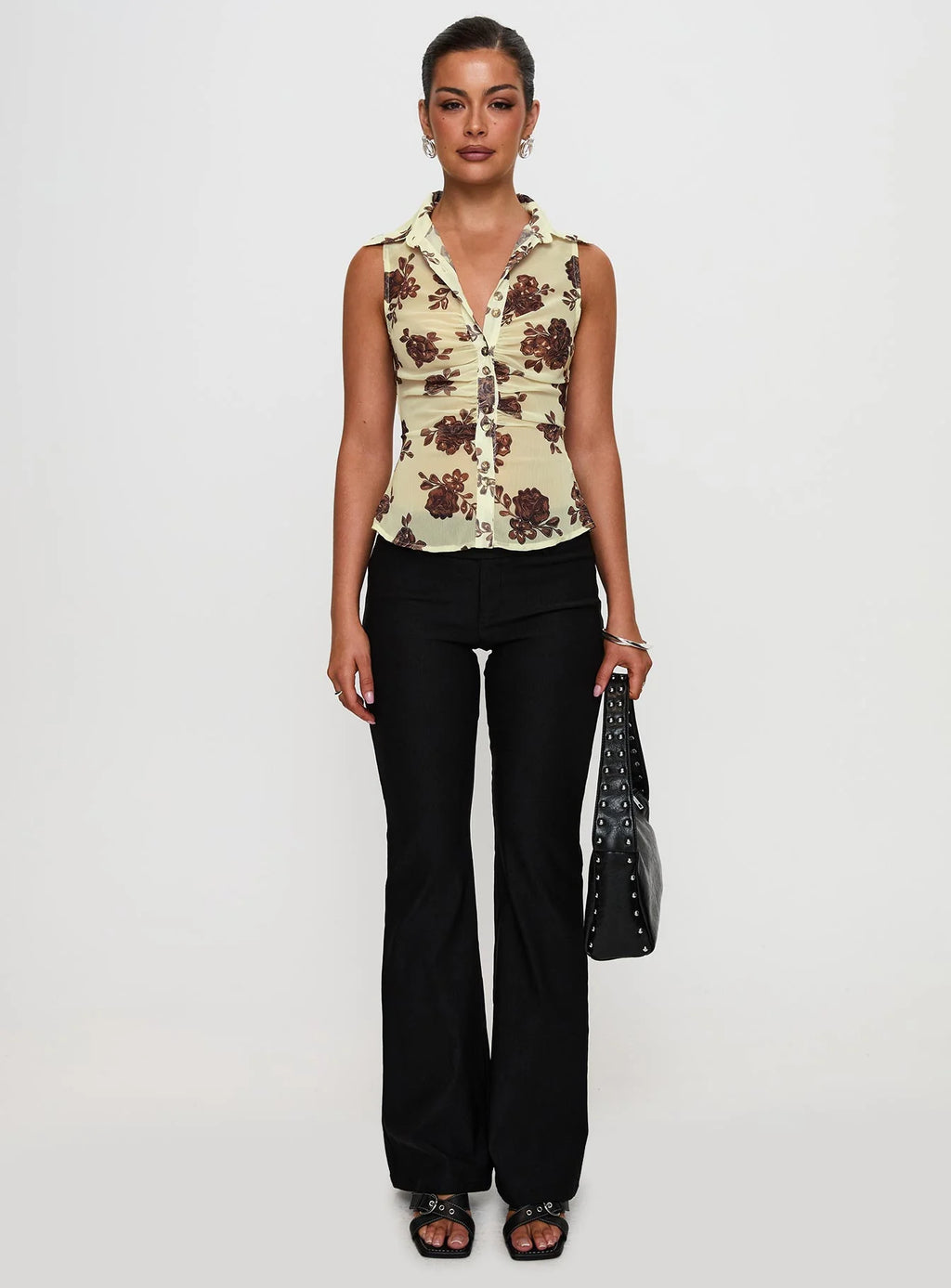 Present Tense Sheer Ruched Top Yellow Floral